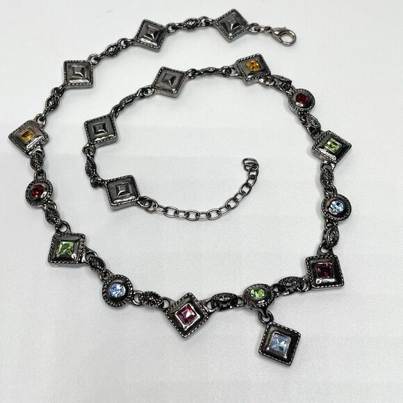 Premier Designs Gunmetal Tone Rhinestone Chain Link Necklace Boho Goth Unique - Picture 1 of 8